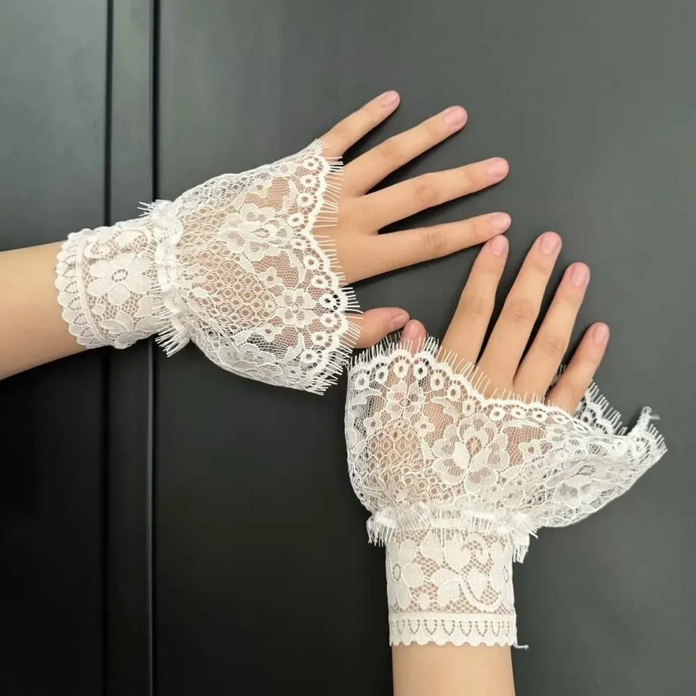 1 Pair Lace Ruffles Fake Cuffs Floral Pattern Pleated Flare False Gloves Multi Layer White Black Elbow Sleeve Cuff