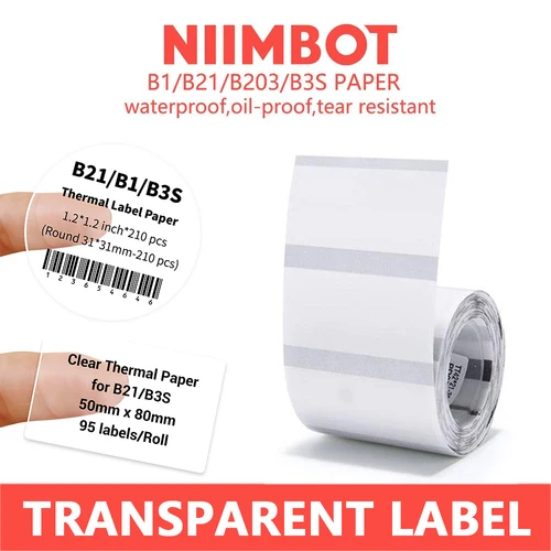 Niimbot 투명 접착식 라벨 용지, 미니 휴대용 열전사 프린터용 원형 스티커, B1 B21 Niimbot 용지 라벨 