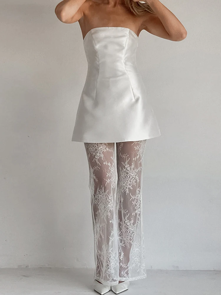 

Elegant Strapless Crop Top & Lace Sheer Pants Set Women's Sexy Sleeveless Satin Long Pant Outfits Fashion Temperament Solid Suit