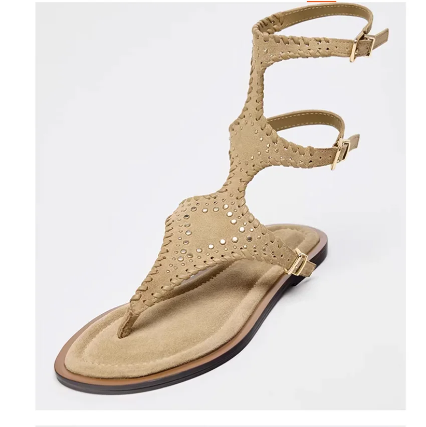Sandalias Planas de Mujer 2026 con Remaches y Tachuelas, Estilo Gladiador Romano, con Recortes, Casual, Bohemia, Boho, Verano, Tejidas, Tipo Botín, Streetwear