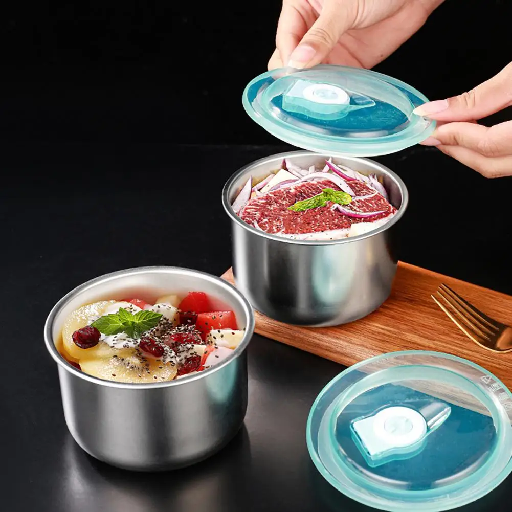 Stainless Steel Food Container Fresh Keeping Box Sealed Lid Crisper Lunch Meal Prep Storage Fridge Kitchen Set Round Bowl