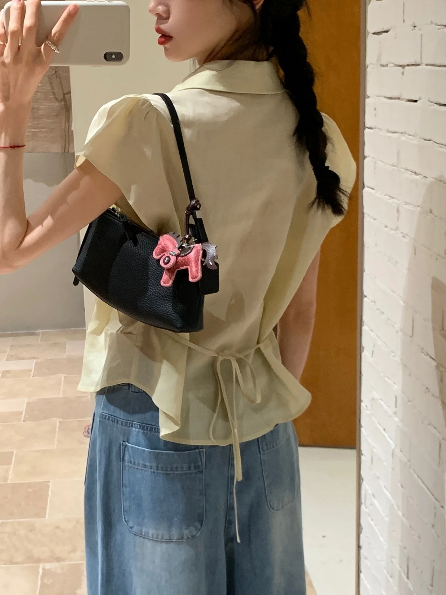 

BRIVIN Yellow Belted Waist Shirt Women's Spring Summer New Flounce Sleeve Turn-down Collar Slimming Versatile Design Top