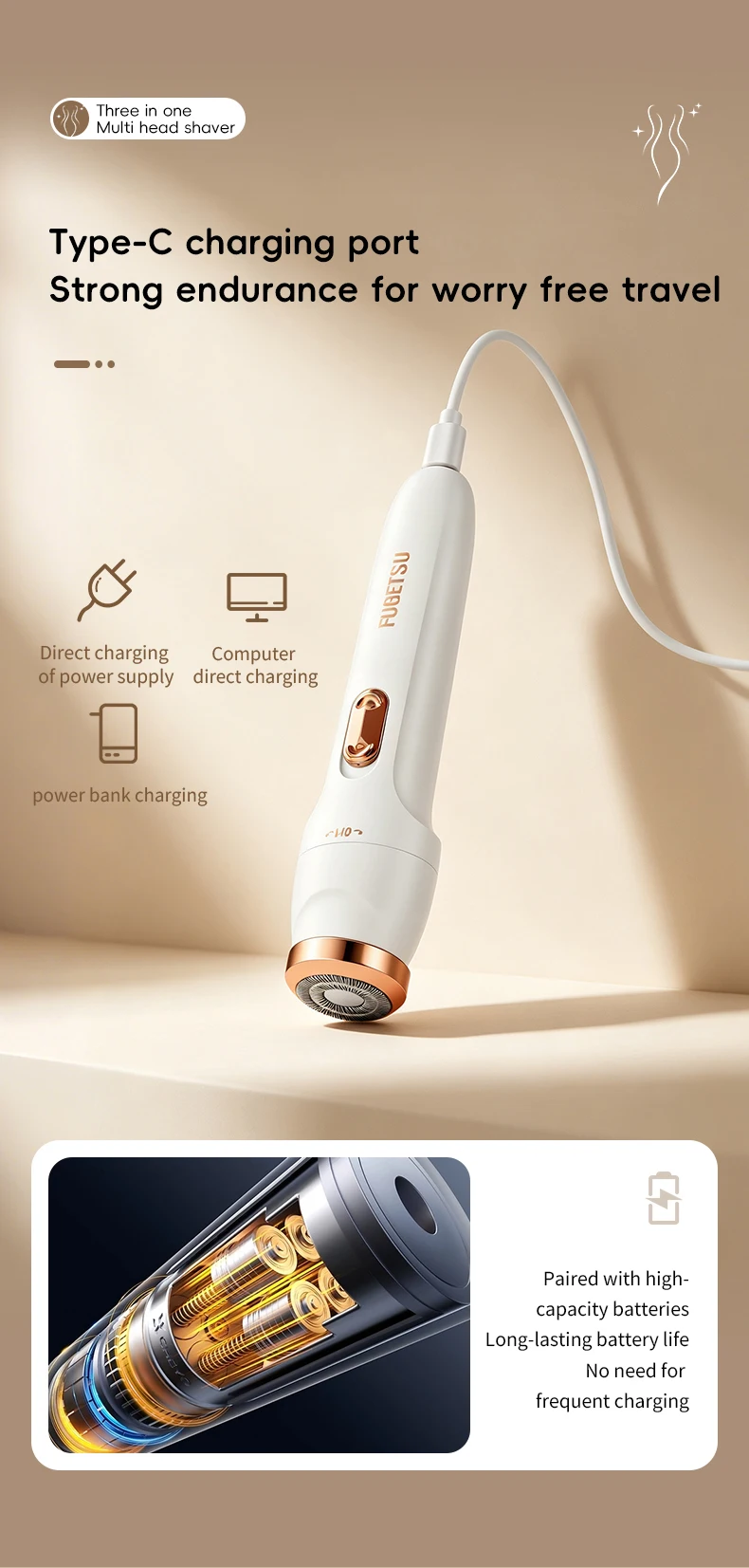 3-in-1 Electric Hair Removal Set Portable Type-C Rechargeable Shaver for Underarm Leg And Nose Hair Trimming
