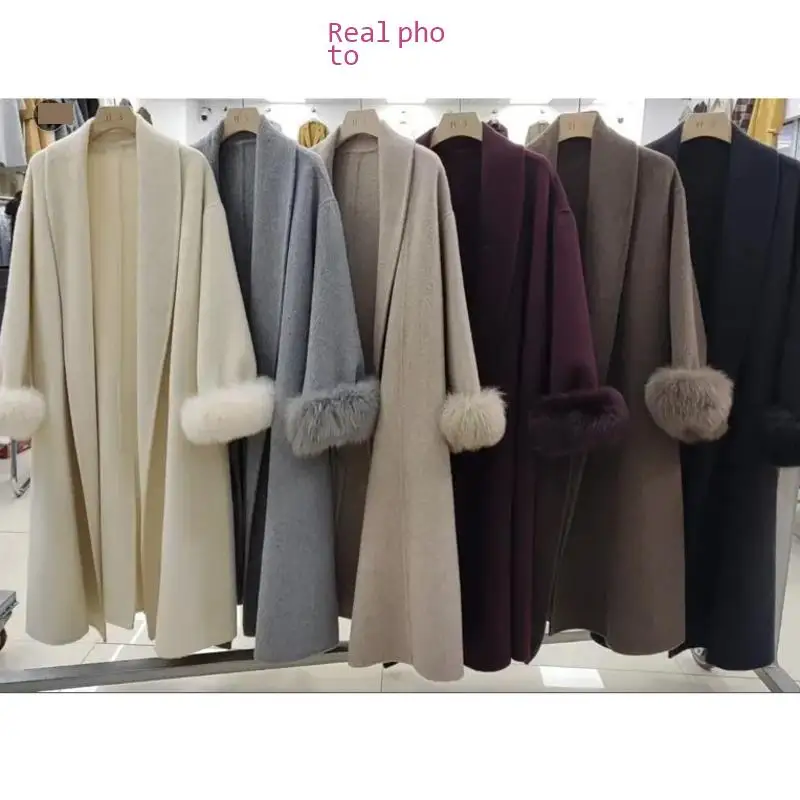 BJTZ الثعلب الشعر الأصفاد الوجهين معطف من قماش الكشمير النساء 2024 الخريف/الشتاء منتصف طول الدانتيل متابعة معطف فضفاض موضة بسيطة #6