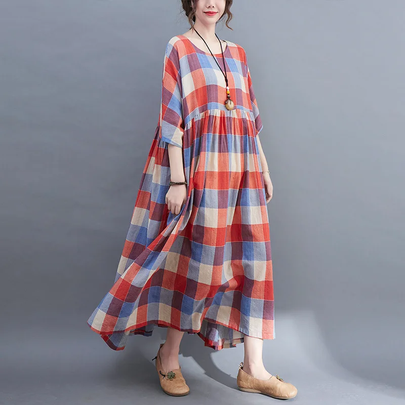 Johnature Summer Women Vintage Short Sleeve Plaid Dresses 2024 New Casual O-neck Red Pleated Simple Pullover Female Dresses