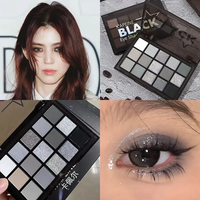 Palette de fards à barrage Black Smokey, poudre nacrée scintillante, pigment pour les yeux à paillettes, teinte cool, gris brillant, maquillage durable, 15 documents, 256