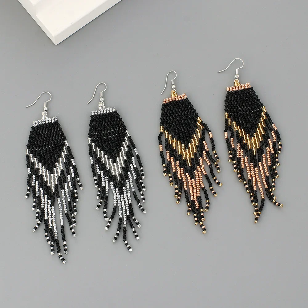 Rice Bead Earrings  Hand knitting  Beaded  Simplicity  black  Retro  Bohemia  geometry  alloy  ma'am  Tassel Earrings