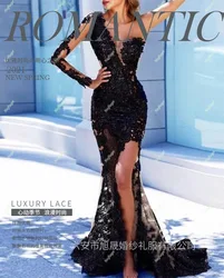Sexy One Shoulder Long Sleeves Luxury embroidery Flower Slim Evening Dress Ready-to-wear Dresses Dress Formal Occasion Banquet