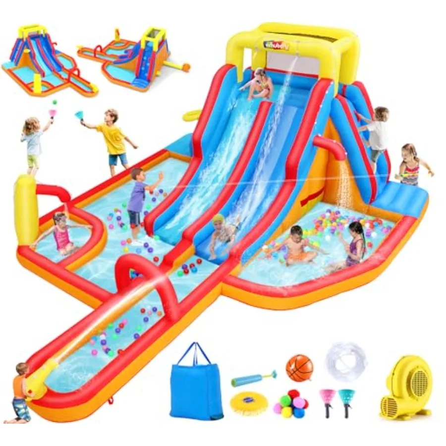 Tobogán Acuático Hinchable Gigante de 18x14 pies para Niños con Tobogán Extralargo, Casa de Juegos Acuática 15 en 1 para Uso en Seco o Mojado - Doble Tobogán/2 Paredes de Escalada/Piscina Gigante/Canasta de Baloncesto/Cañón de Agua/Soplador