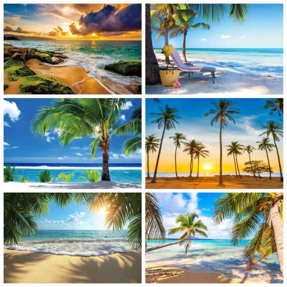 

Summer Beach Waves Palm Trees Blue Sky Sunrise Ocean Theme Backdrop, Birthday Party, Home Decoration Photography Backdrop Cloth