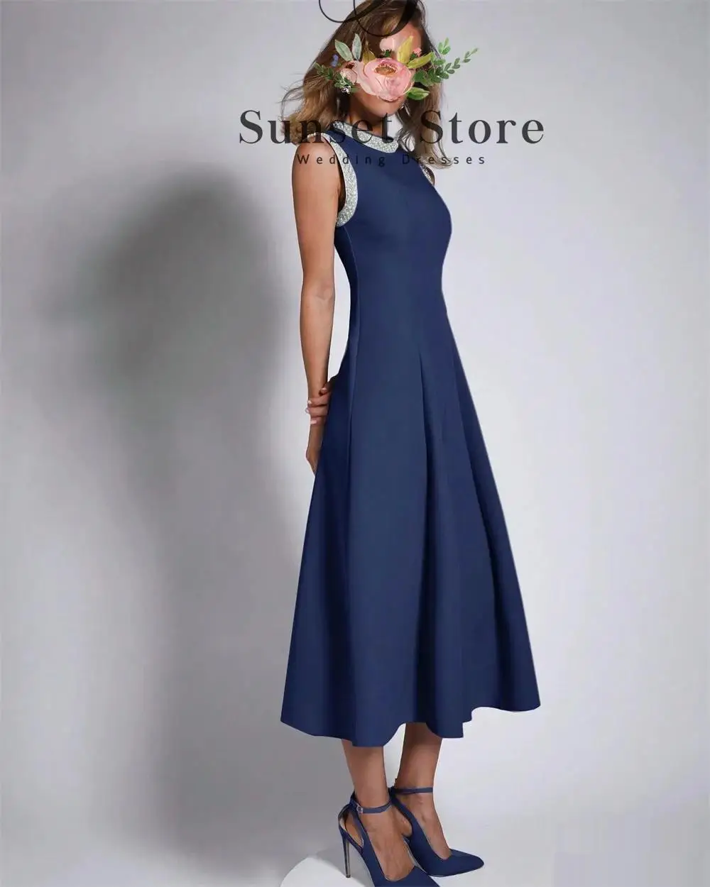 Vestido de noche personalizado, cuello redondo, sin mangas, vestidos de celebridades, vestidos de ocasión a medida, moda Formal con cuentas