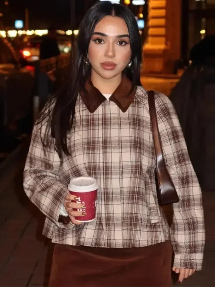 

Casual Checkered Pattern Coats For Women Fashionable Full Sleeves Zipper Single Breasted Loose Jackets Daily Commuting Outerwear