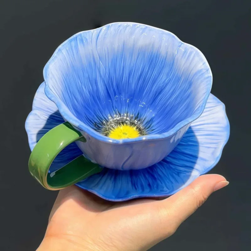 Flower Ceramic Coffee Cup Blue Poppy With Saucer Set Green Handle Artistic Tea Mug Home Kitchen Drinkware Gift Women Gift New