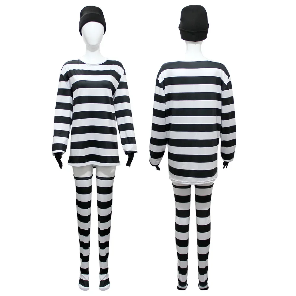 Costume de Cosplay de Voleur Convict pour Femme Adulte, Haut à Rayures, Chapeau Bas Trempé, Tenue de ixd'Halloween et de Carnaval