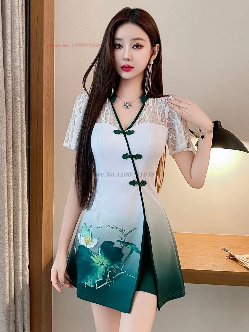 

2025 китайское улучшенное платье Cheongsam для банкета и ночного клуба, градиентное цветное платье Ципао с цветочным принтом + шорты, комплект, рабочее платье для спа-салона в отеле