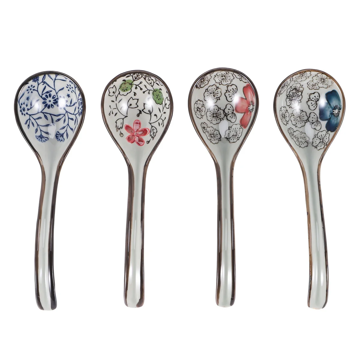 AB06 4 Pieces Asian Retro Chinese Ceramic Rice Spoons Curved Handle Ramen Soup Spoon Painted Flower Spoons with Long Handle