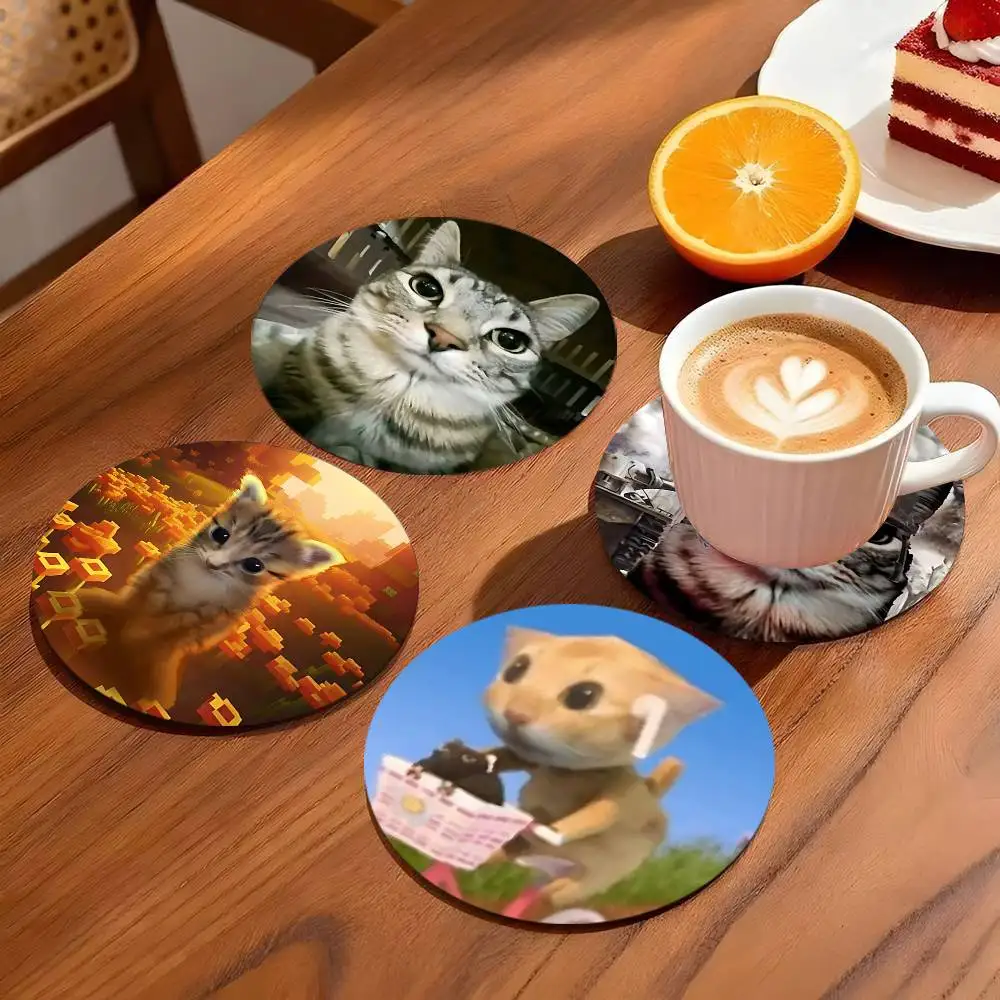 Cute Animal Cat Meme Coasters Round Wooden For Cute Design Suitable For Drinks Tea Coffee Home Gift Choice Holidays