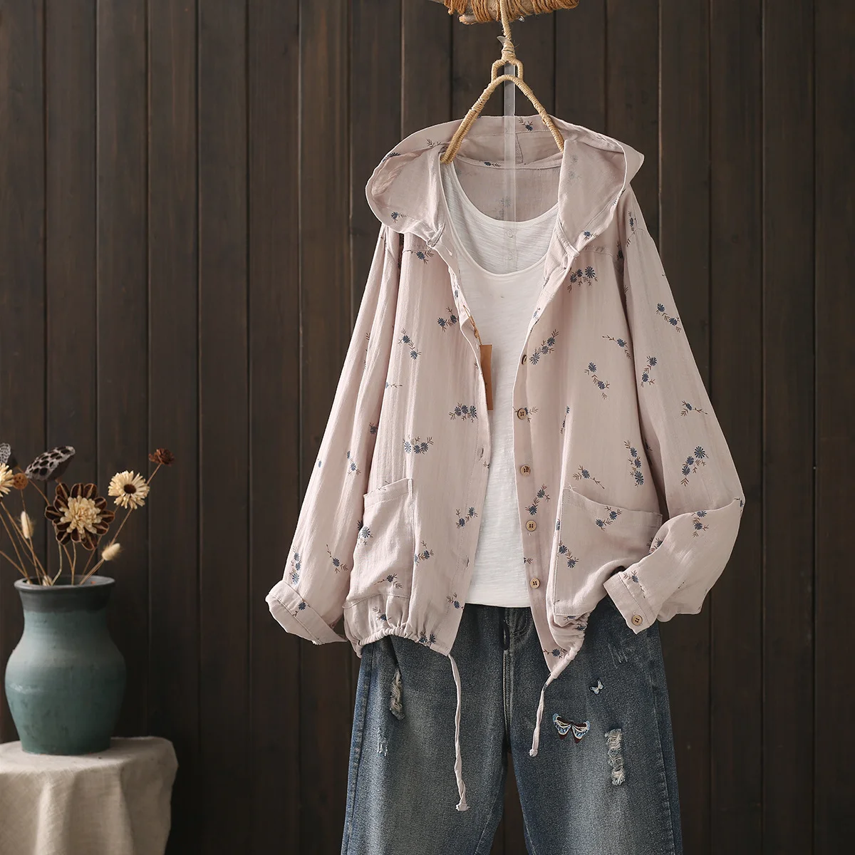 Middle Aged Women Clothes Double Layer Cotton Yarn Green Coffee Print Hooded Shirts and Blouses for Women Hoodies Jacket Outwear 4