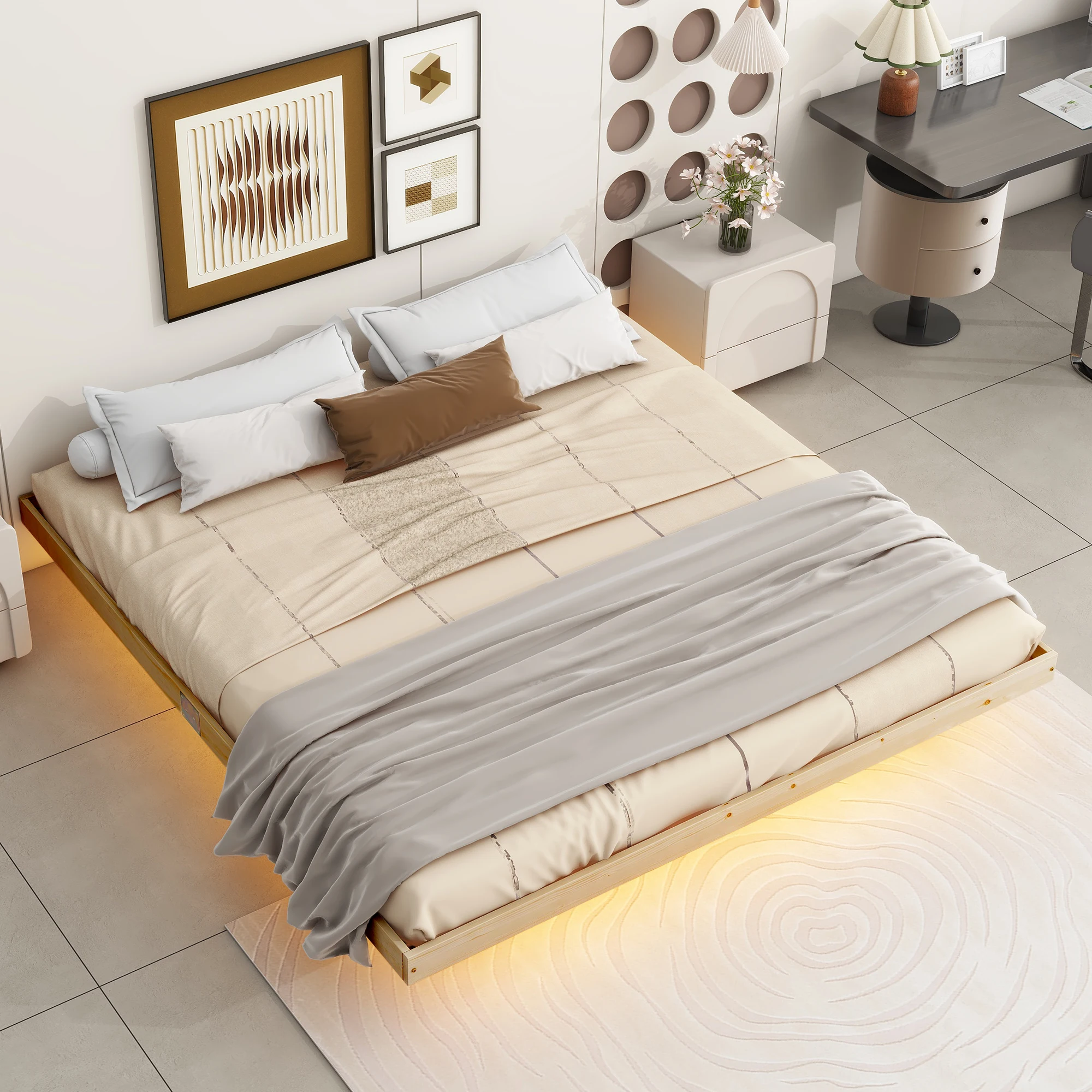 King Size Floating Bed with LED Lights Underneath, Modern Low Profile Platform Bed, Natural  82.50x77.60x10.50 in.