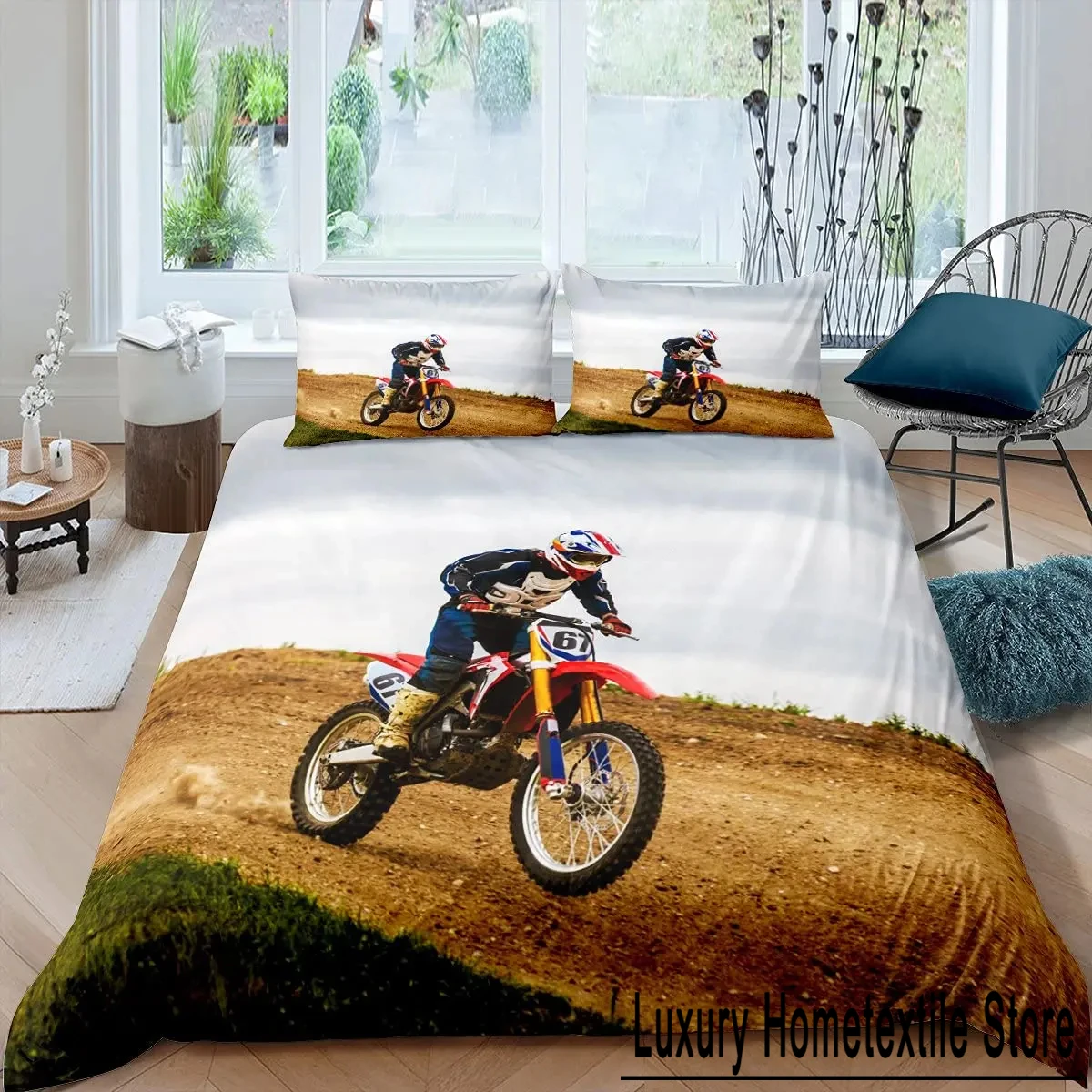 Motorbike Duvet Cover Set Twin Size Motocross Rider Bedding Set Racing Motorcycle Dirt Bike Extreme Sport Polyester Quilt Cover