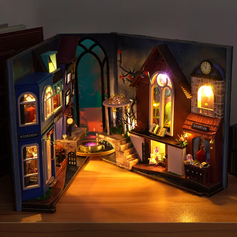 DIY książka Nook drewniany zestaw do miniaturowy Model magiczny stojak na książki Casa na podpólkę 3D Puzzle z lekką półką do dekoracji domu prezenty dla przyjaciół