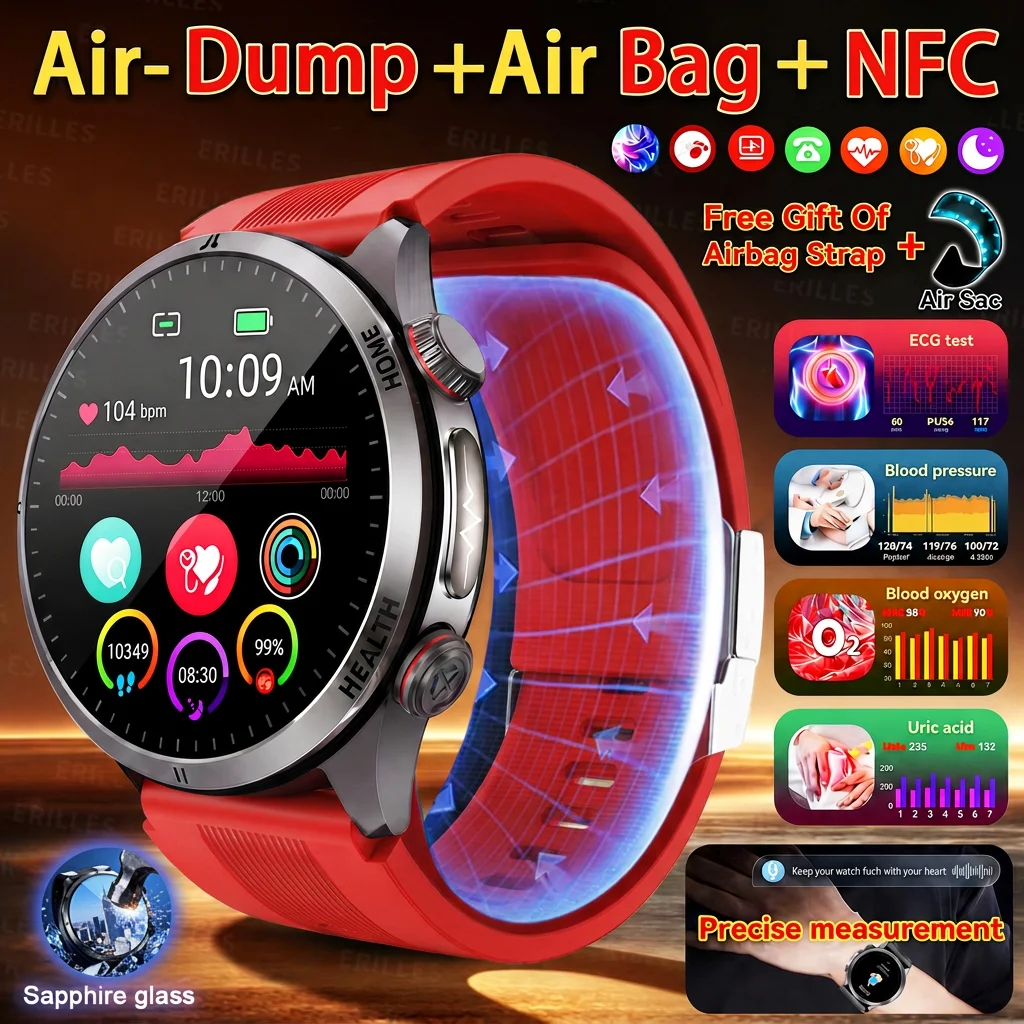 Air Pump Airbag Smart Watch 99%Accurate Blood Pressure Monitorcare ECG Oxygen SOS Fall Detection NFC Bluetooth Call Health Watch