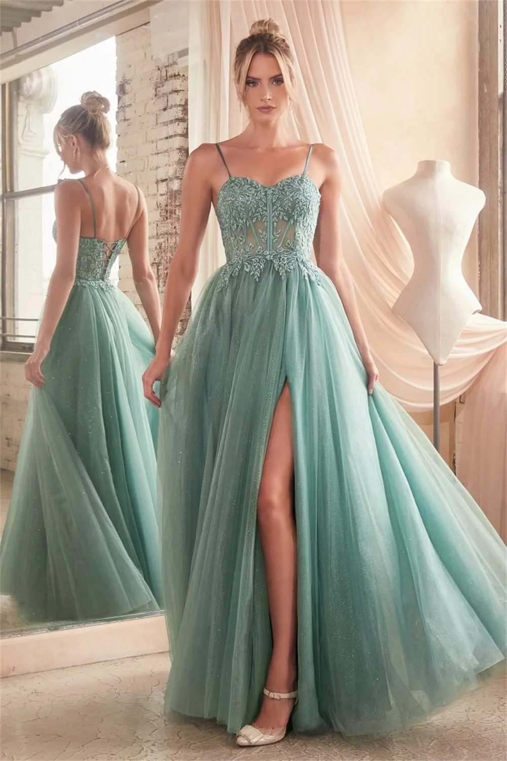 Tulle Spaghetti Straps Strapless Prom Dresses With Split Sheer Corser Lace Appliques Formal Evening Party A-line Long Ball Gowns