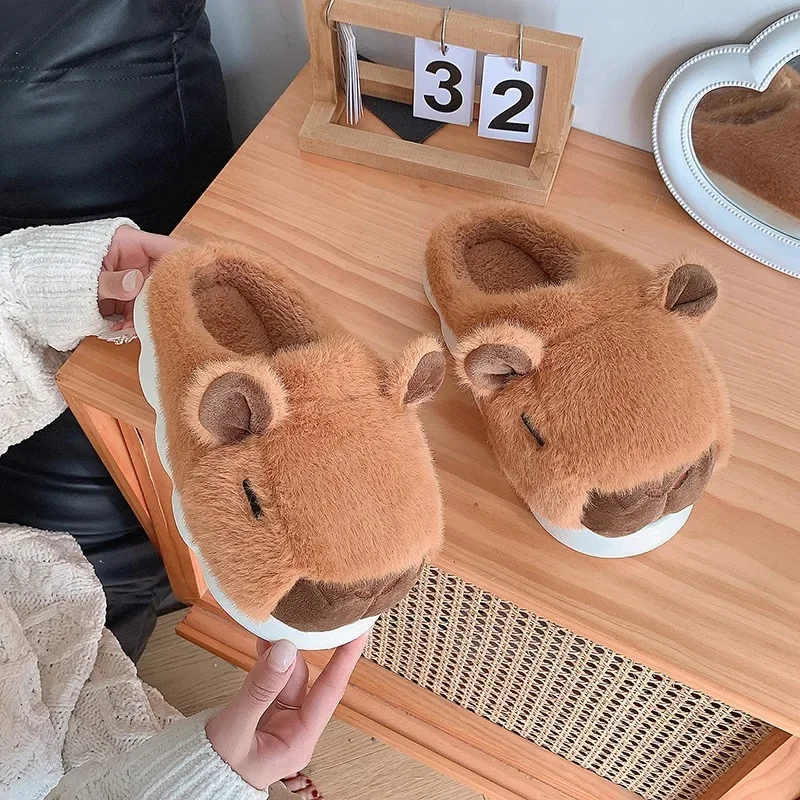 ZUOFU Couple Cute Capybara Design Plush Slippers, Winter Warm Fleece Lined Soft Platform Non Slip Indoor Comfortable Home Shoes