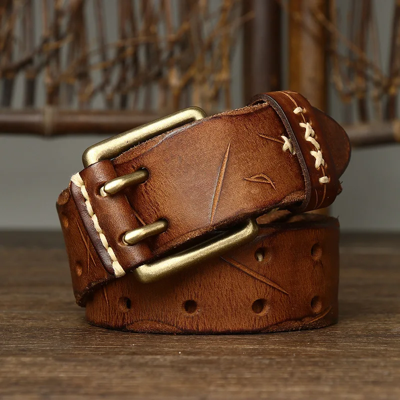

Retro Korean style trendy personality ins double pin buckle belt men's genuine leather new style young people jeans belt