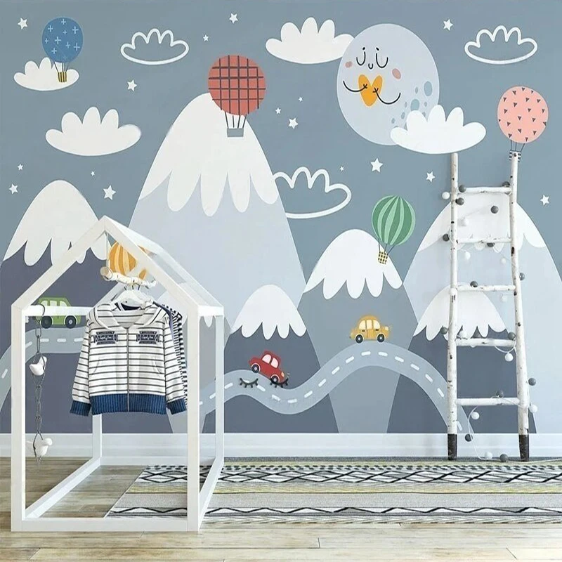 

Nordic-Style Hand-Drawn Cartoon Children's Room With Moon Clouds Valley Colorful Hot Air Balloon Background Featuring Car Theme