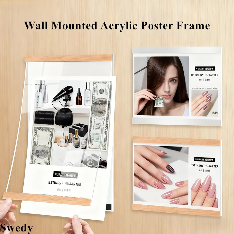 A4 210x297mm Wall Mount Adhesive Wood Acrylic Sign Holder Display Board Menu Price Ticket Holder Photo Picture Poster Frame
