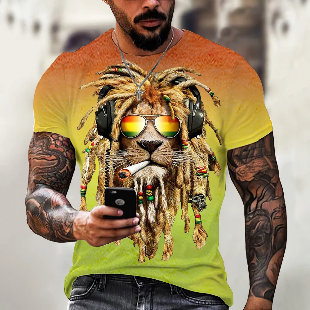 Retro Colorful Lion 3d Print Summer Men\'s Round Neck T-shirt Casual Short Sleeve Oversized T Shirt Fashion Tee Tops Men Clothing