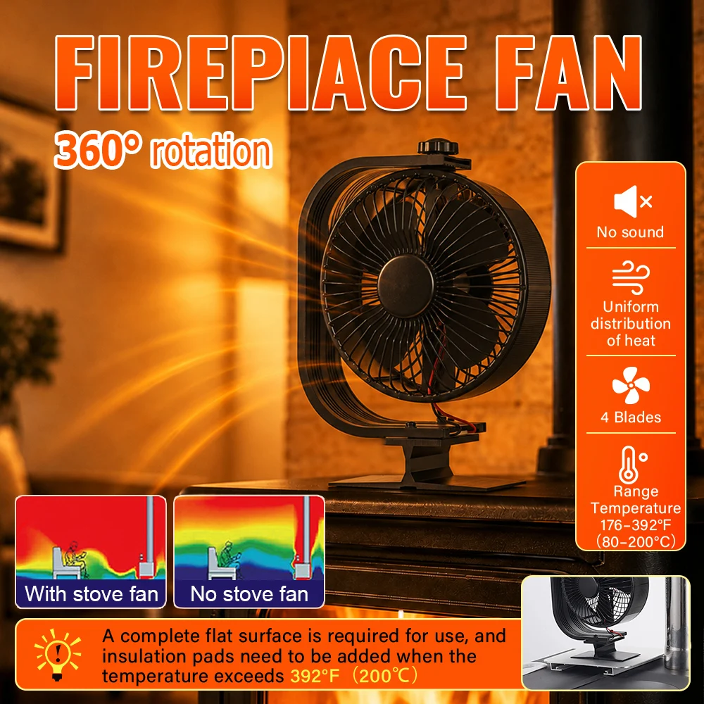 4 Blade Fireplace Fan 360° Rotation With Protective Cover Log Burner Eco-Friendly Quiet  Fan For Home Winter Outdoor Camping