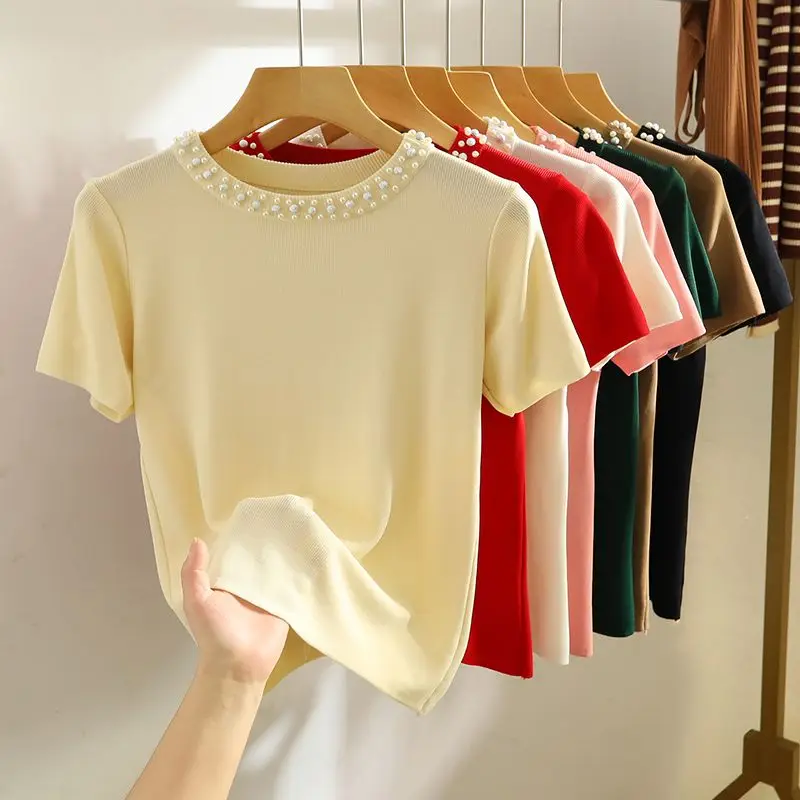 Summer New Round Neck Short Sleeved Top With Nail Beads, Loose Red Knitted T-shirt For Women