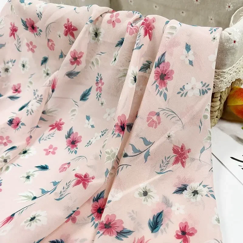 Summer Floral Chiffon Fabric Per Meter for Needlework Shirts Dresse Skirts Diy Sewing Printed Cloth Soft Breathable Thin White