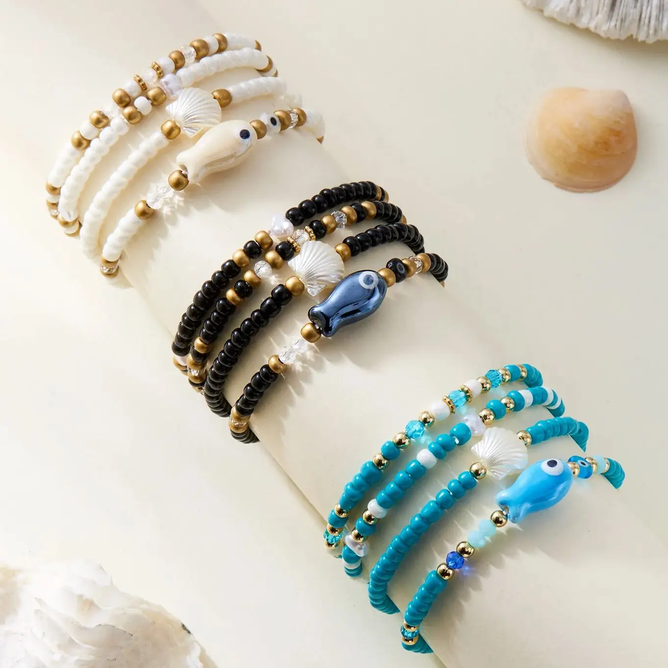 4 ชิ้น/เซ็ตสีฟ้าเซรามิคปลาสร้อยข้อมือลูกปัดผู้หญิง Minimalist Handmade ลูกปัดสร้อยข้อมือมิตรภาพเครื่องประดับของขวัญ