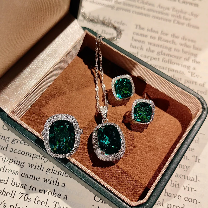 

Elegant Fashion Necklace Rings Ear Stud Luxury Shiny Rectangular Green Crystal Jewelry Set For Women Party Accessories KOFSAC