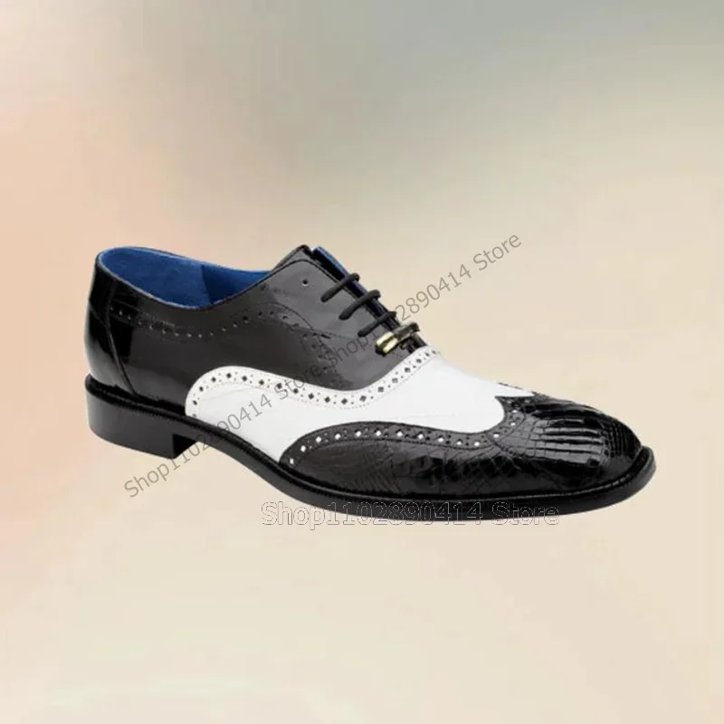

Black White Carving Design Alligator Print Men Shoes Fashion Slip On Male Shoes Luxurious Handmade Party Office Men Dress Shoes