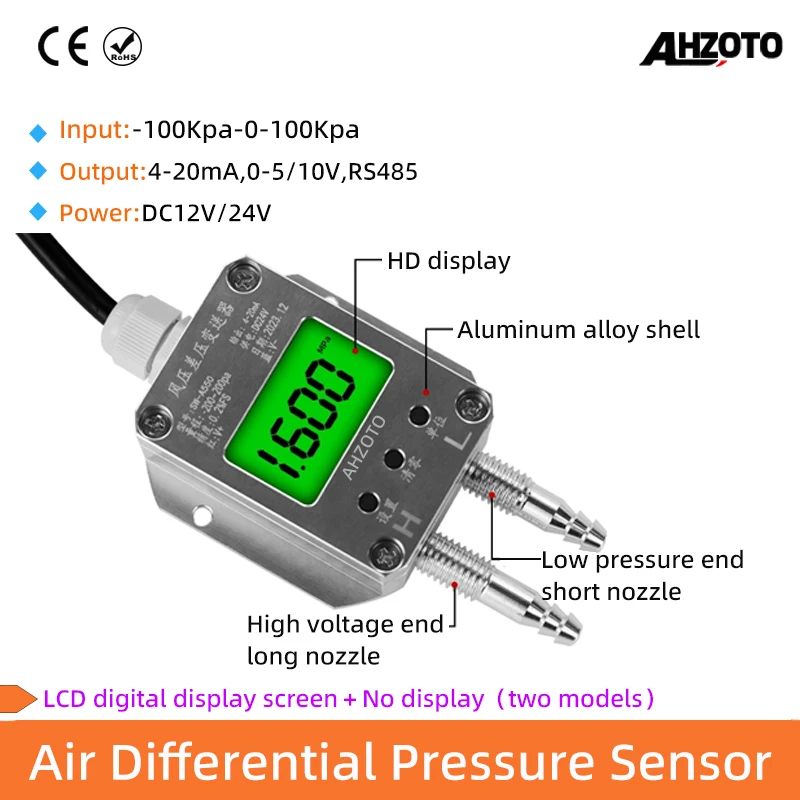 LCD Display Air Different Pressure Transducer -100Kp-0-100Kpa 4-20mA RS485 Micro Difference Pressure Wind Differential Sensor