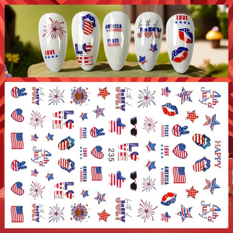 1Sheet 4th of July Nail Stickers Independence Day Patriotic Nail Decals Self-Adhesive Memorial Day USA Flag Star Nail Art Slider
