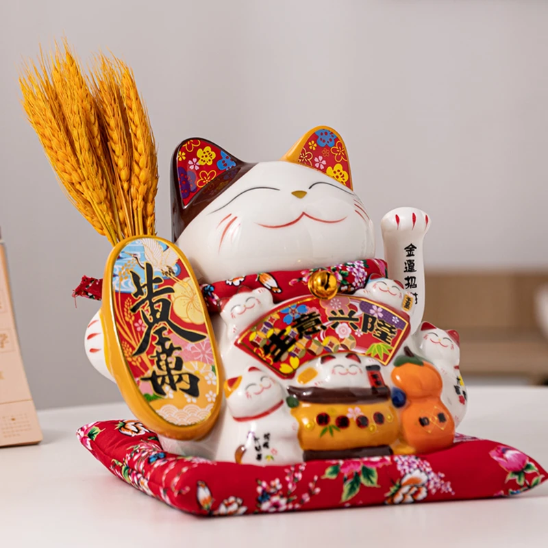 9-Zoll-Keramik-Figur mit glücklicher Katze, Porzellan-Maneki-Neko-Statue, die die Katze zwachen, die die Hand des Schreibtisches getrocknete Blumen, Vase-Ornament