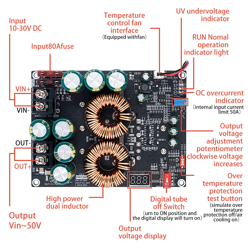 ZK-PW1200 50A Boost Power Supply Module DC 10-30V To 50V, 1200W, Audio Amplifier Converter With Dual Inductors, LCD Display
