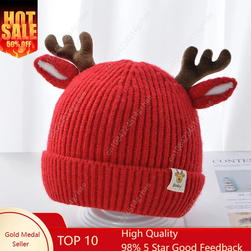 

Cute Deer Ear Knitted Baby Hat Thicken Warm Autumn Winter Toddler Kids Beanie Christmas Cap Outdoor Infant Ear Protection Hats