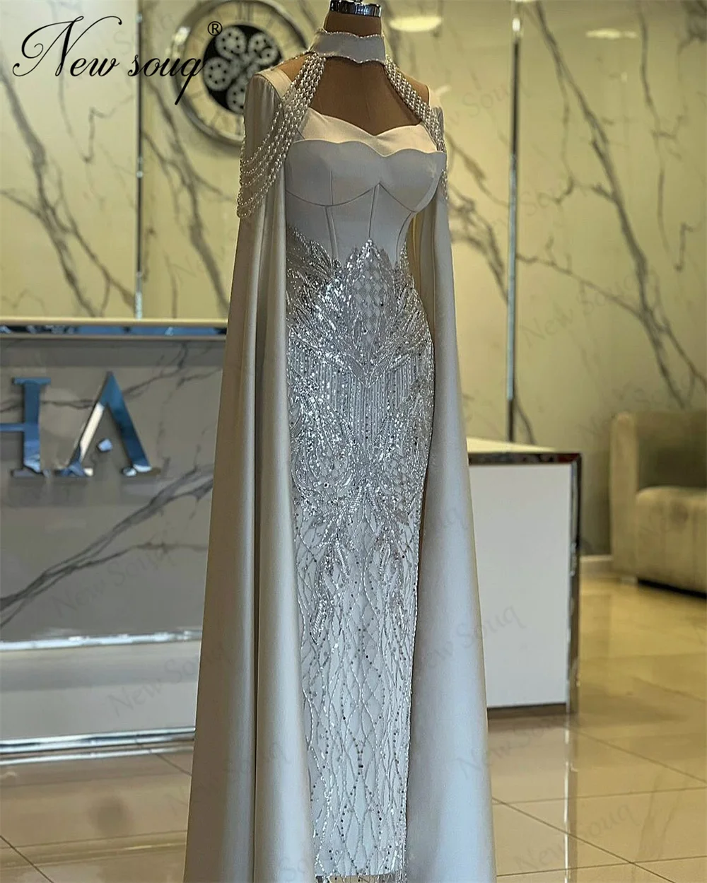 

Коктейльные платья с серебряным бисером, Аравия, Дубай, накидка, вечерние платья с длинными рукавами, жемчуг, свадебные платья, Vestidos по индивидуальному заказу