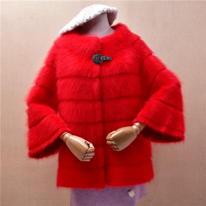 Women Mujer Autumn Winter Thick Warm Red Hairy Plush Mink Cashmere Knitted Three Quarter Sleeves Loose Cardigans Sweater Jacket