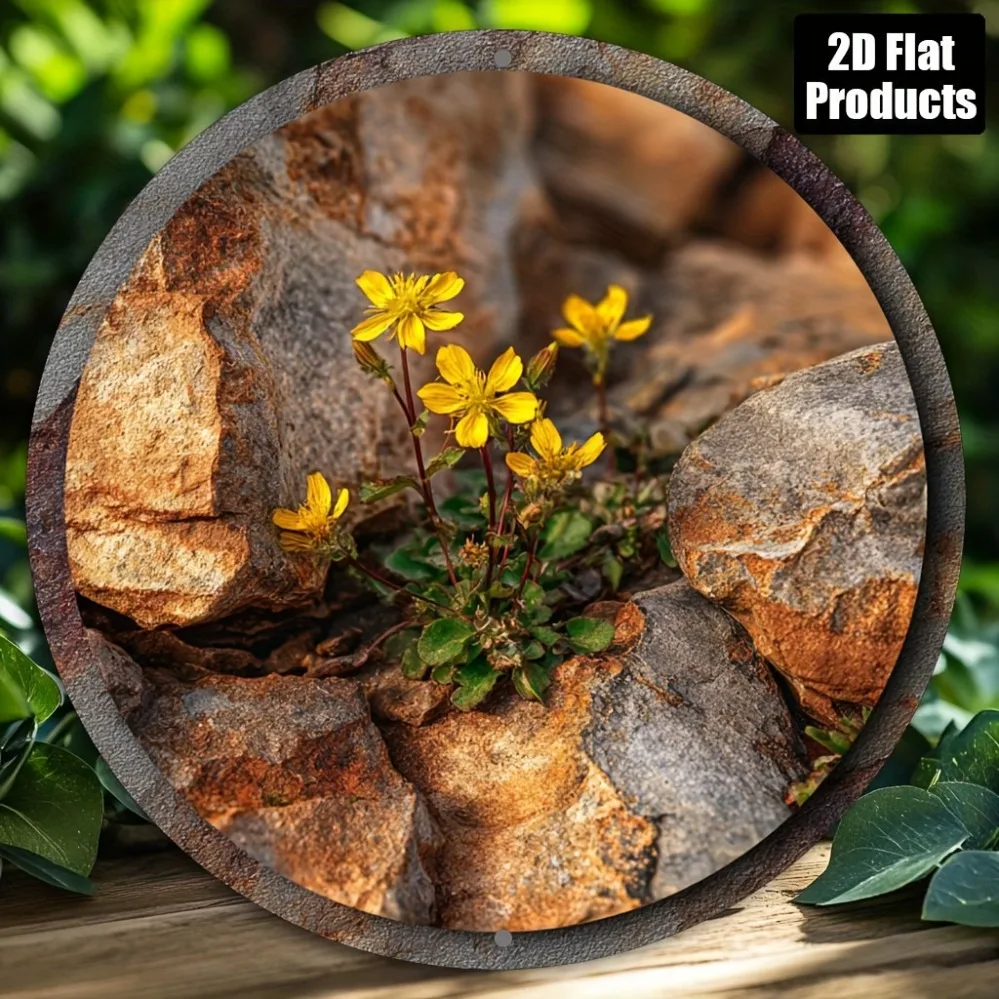 Wild Yellow Flowers Rustic Stone Rock Round Metal Tin Sign Wall Decor For Garden Yard Art Plaque