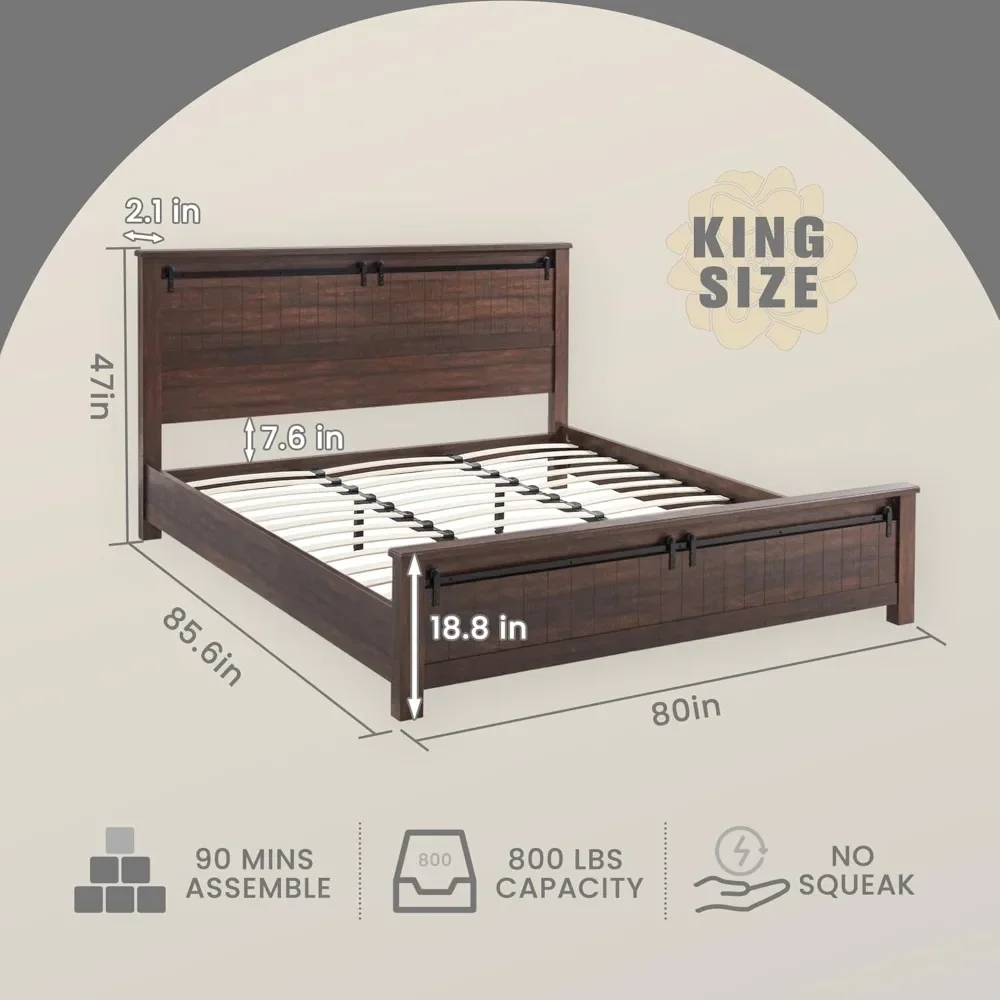 Farmhouse King Size Bed Frame with 47" Headboard, Wood Bed Frame with Groove Sliding Barn Door Footboard