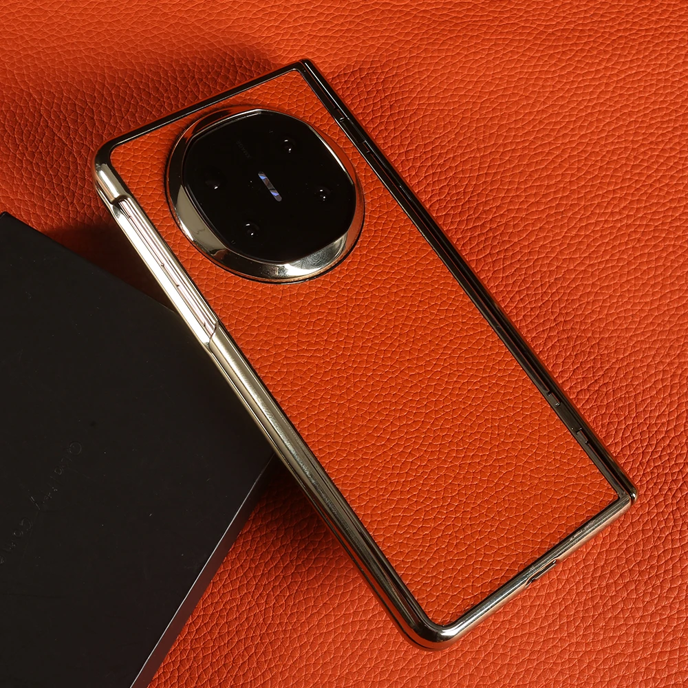 Etui z prawdziwej skóry liczi z powłoką złotą do Huawei Mate X6 X7 X5, tylna obudowa na telefon MateX6 MateX7 MateX5, konstrukcja z osią centralną. — zdjęcie produktu 3