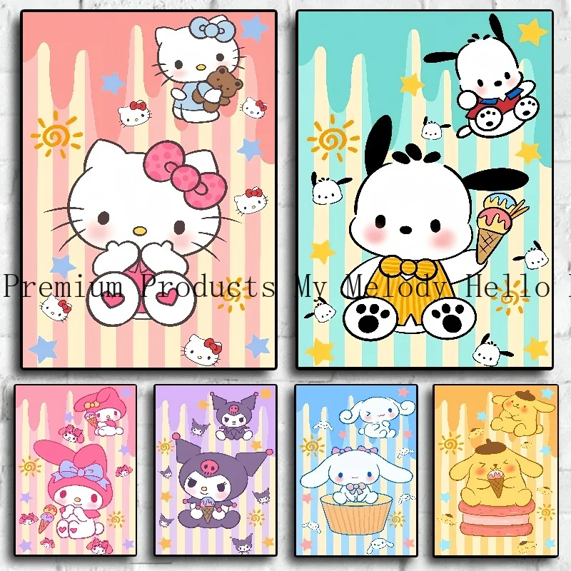 Anime Cartoon Sanrio Cute Hello Kitty Cinnamoroll Poster Art Wall Murals Decor Game Room Decor Gifts Kawaii HD Canvas Painting