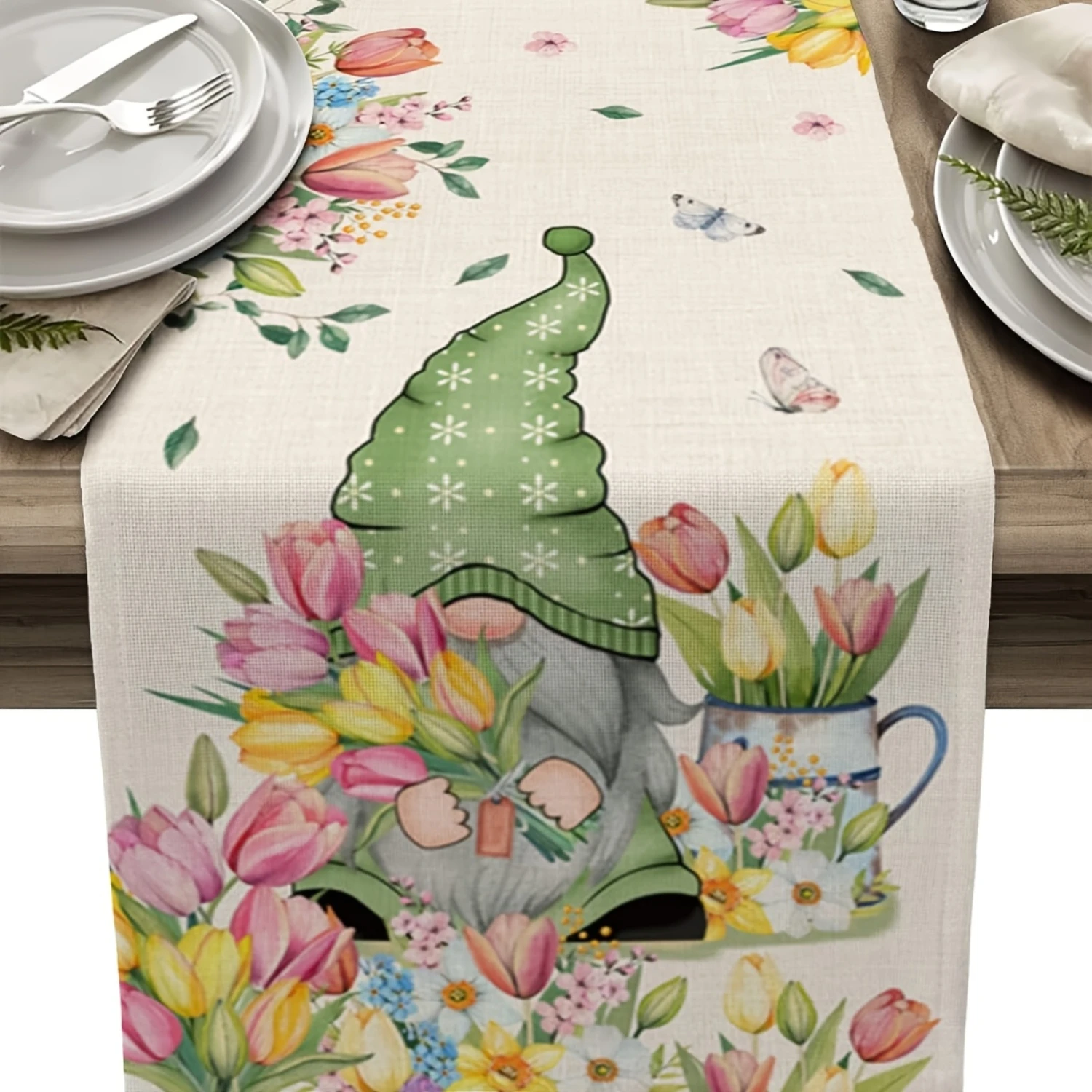 2026 Spring Gnome & Tulip Print Table Runner, Whimsical Floral Style Runner For Seasonal Decor And Parties